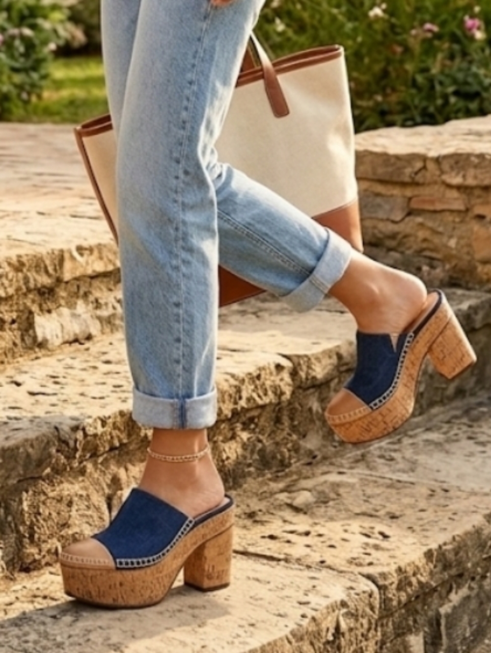 Schutz Denim & Cork Platform Mules Sz. 9.5